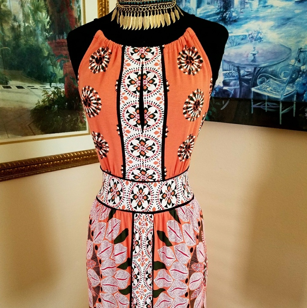 Boho Ethnic Peasant Cotton Keyhole Paisley Dress