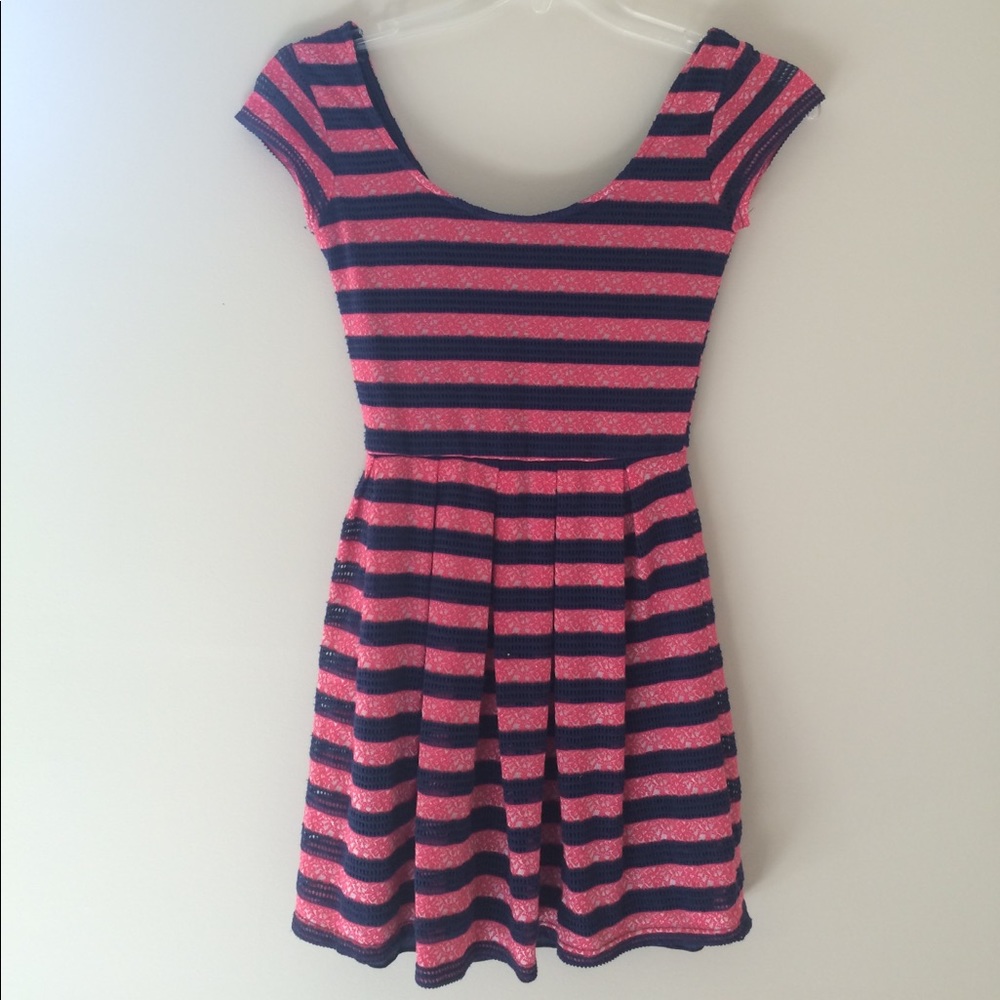 Navy and Coral lace crochet striped dress