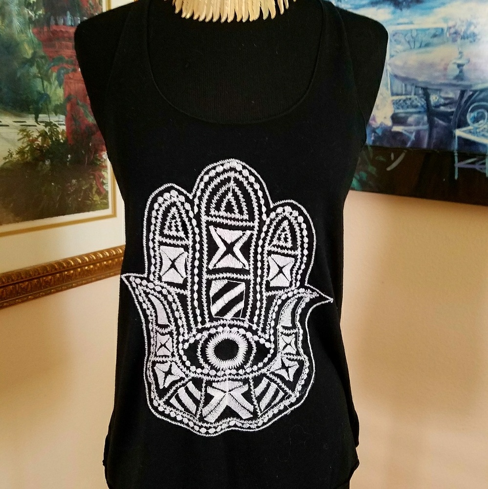 Black Hippie Racerback Hamsa Boho Tank Top S