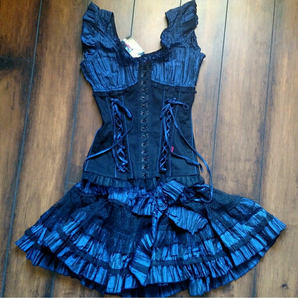 Tripp crinkle blue black corset skirt set