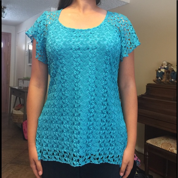 Dress Barn Tops - Turquoise blue a symmetrical lace top