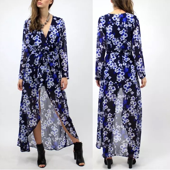 WRAP DRESS Swingy Long Draped Kimono Bohemian Gown - Picture 2 of 6