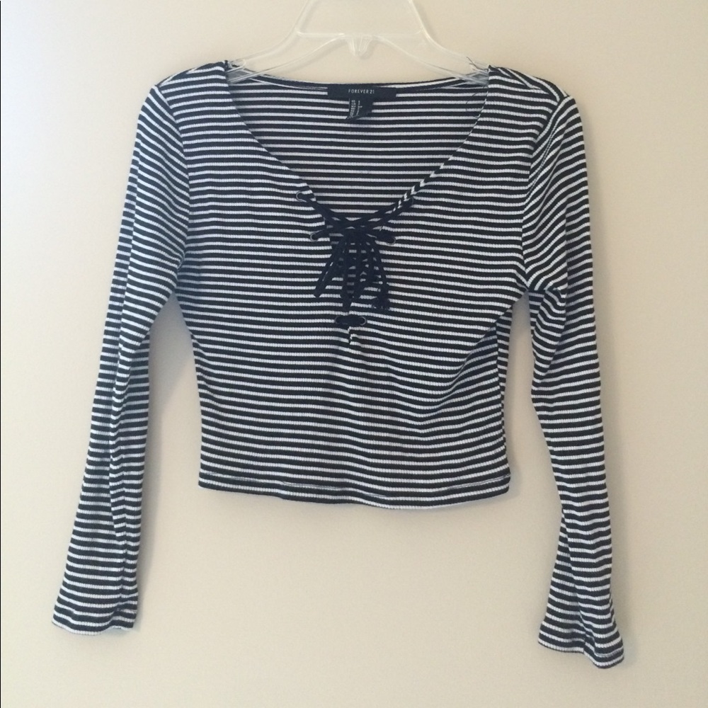 Forever 21 long sleeve lace up striped crop top