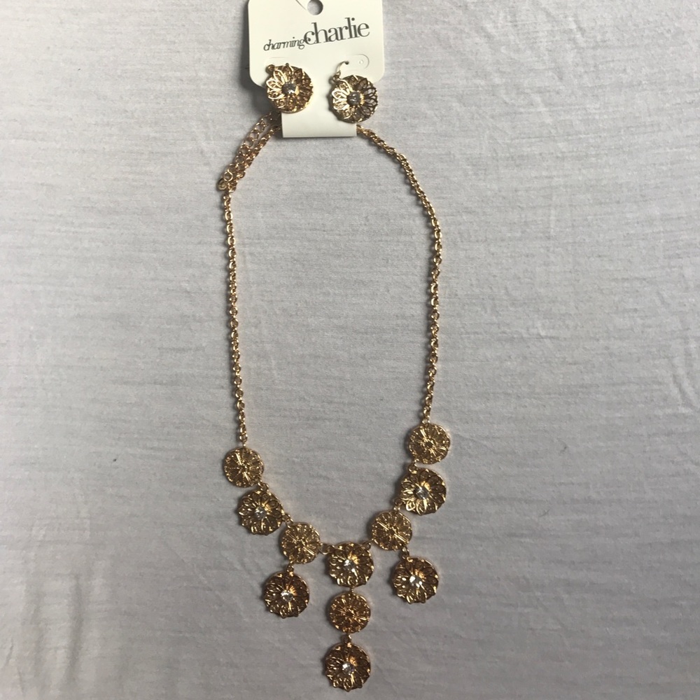 Charming Charlie gold necklace and earrings set