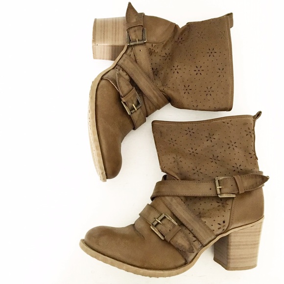 bucco Shoes - Bucco Faux Leather Floral Laser Cut Ankle Boots
