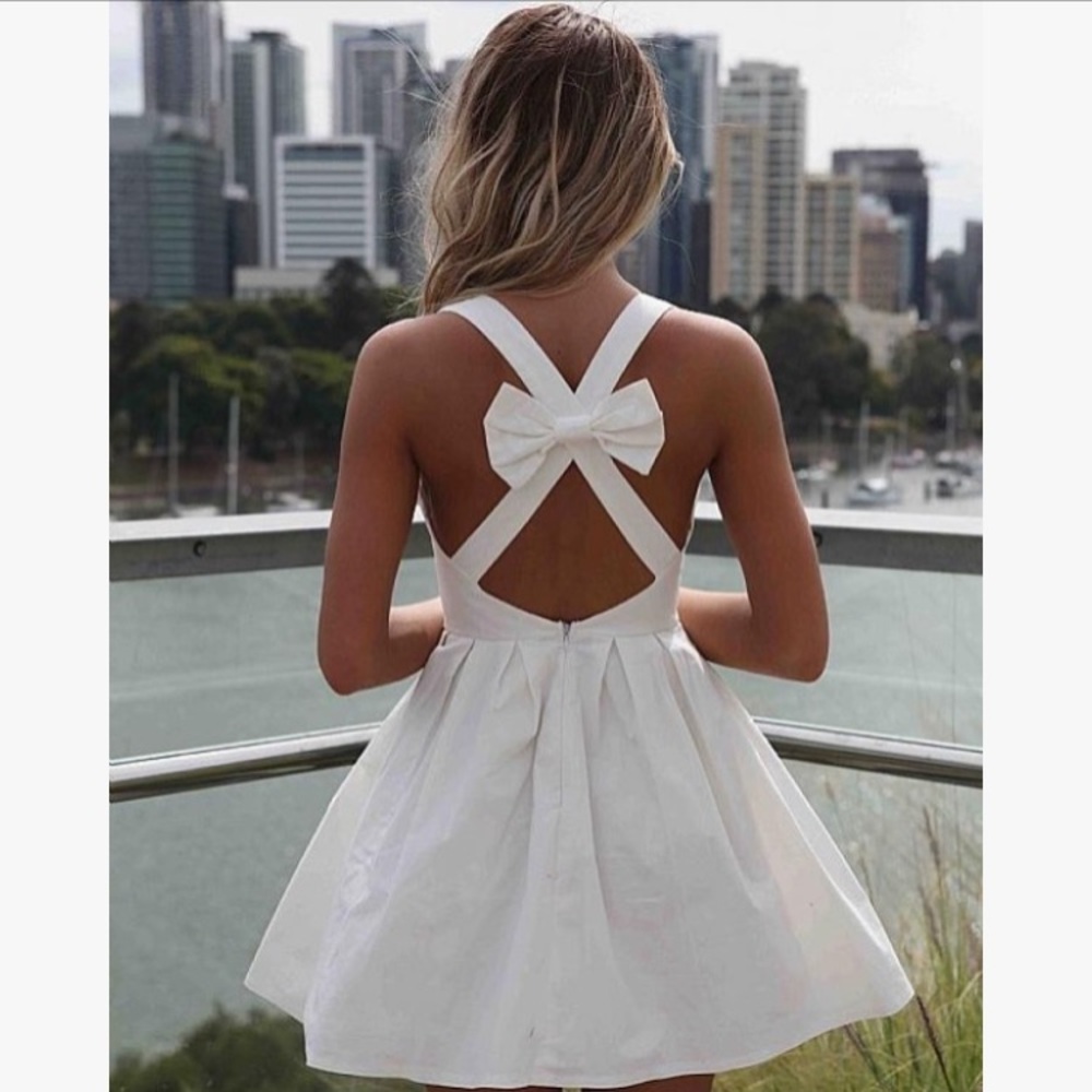 White Dress with Open Cross Bow Back - Xenia