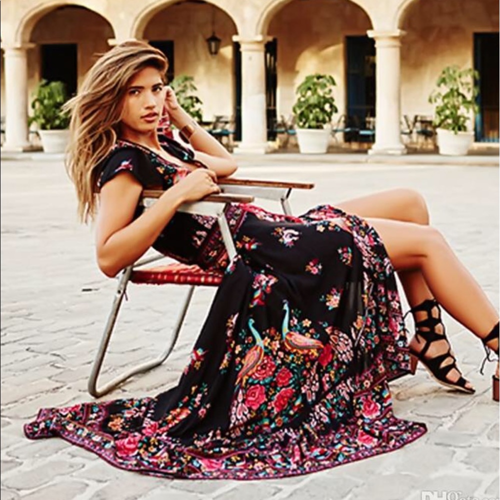 🎉HP🎉Boho Chic Ruffle Maxi Dress Tassel Tie S-XL - Picture 7 of 7