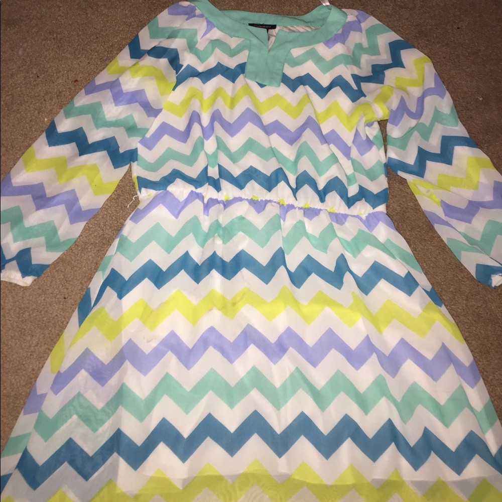 a white dress w blue,green,yellow,purple chevron