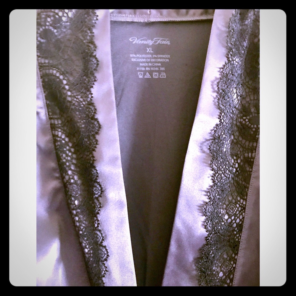 Gray Vanity Fair silk robe with black lace