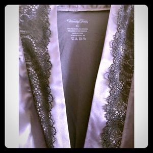 Gray Vanity Fair silk robe with black lace