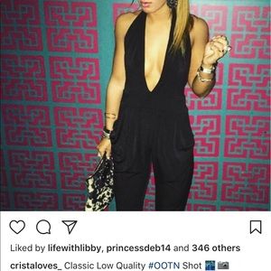 Black Plunging Neckline Halter Skinny Leg Jumper