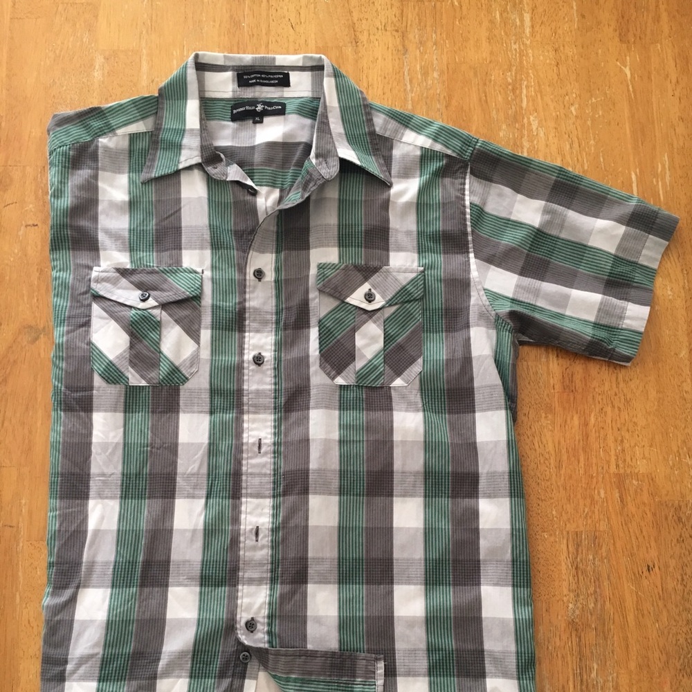 Short Sleeved Green/ Gray Plaid Button Up Shirt