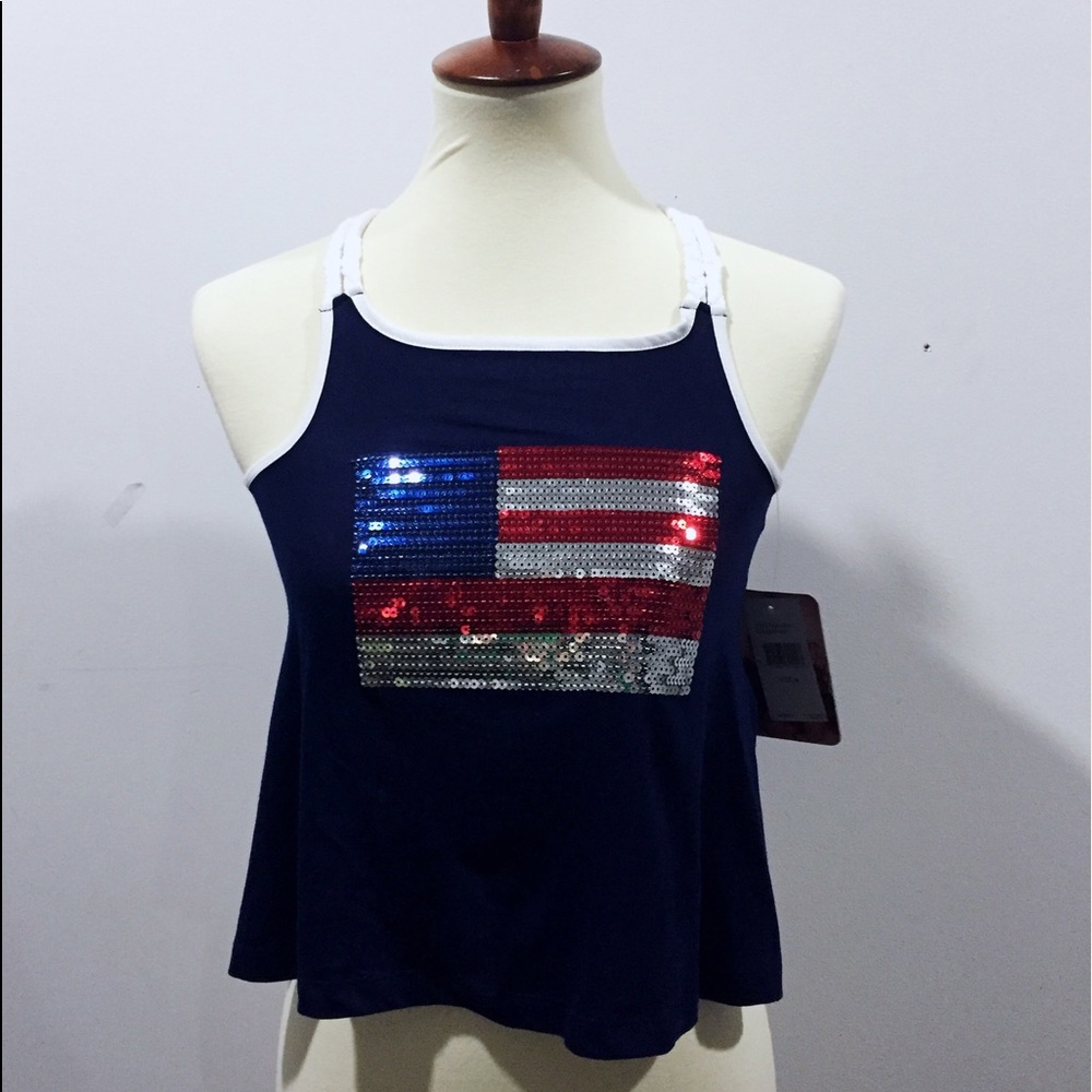 NWT Sequin American Flag Navy blue tank top size 6