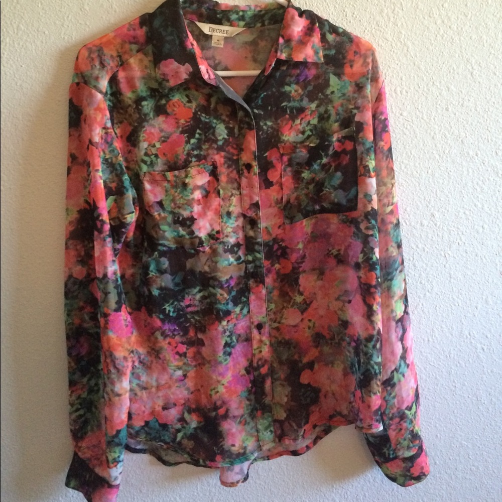 Floral sheer button-up collared long sleeve