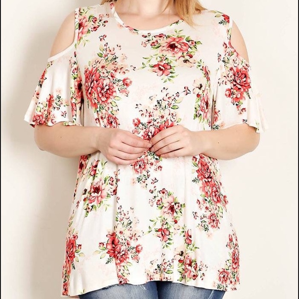 Plus Size White Floral Cold Sholder Jersey Top