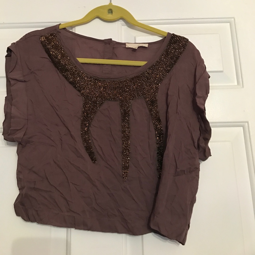 Brown beaded neck line short sleeve crop top