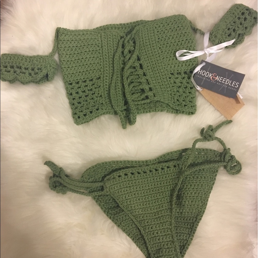 Sage Green Crochet off the shoulder Bikini set