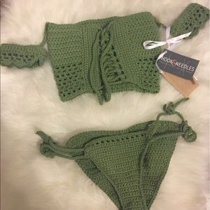 Sage Green Crochet off the shoulder Bikini set