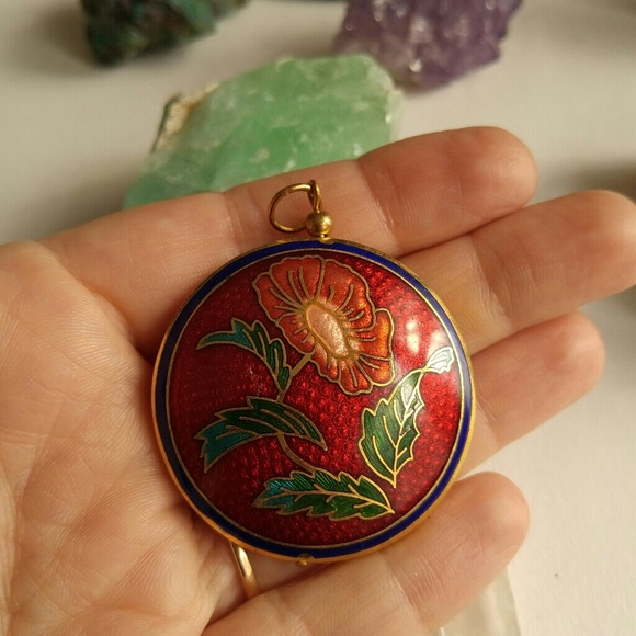 Vintage Jewelry - Red Poppy Vintage Cloissone pendant big