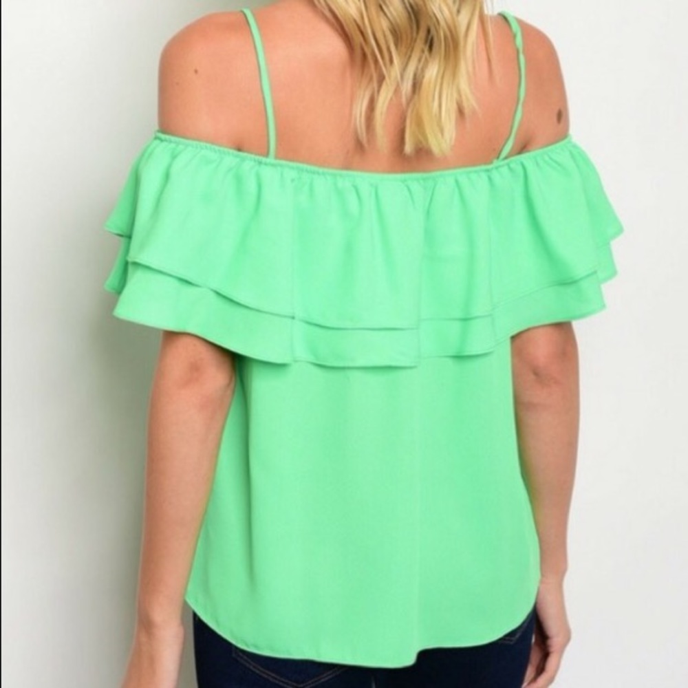 Green off the shoulder ruffle top - Picture 2 of 3