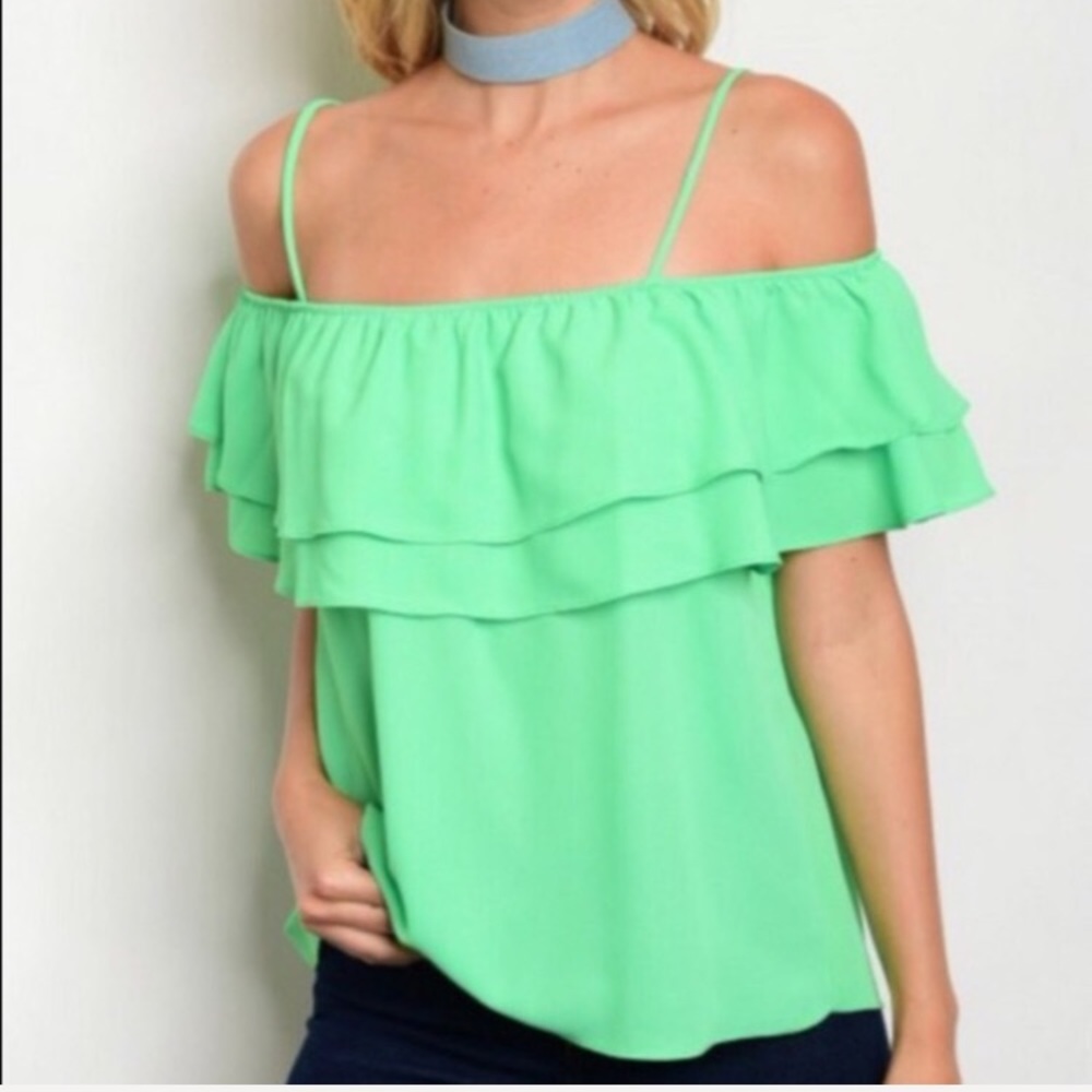 Green off the shoulder ruffle top - Picture 3 of 3