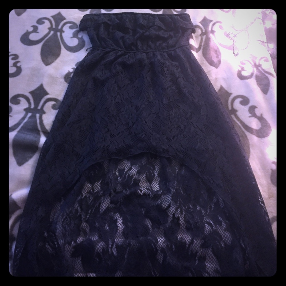 Summer Strapless navy blue lace high low dress