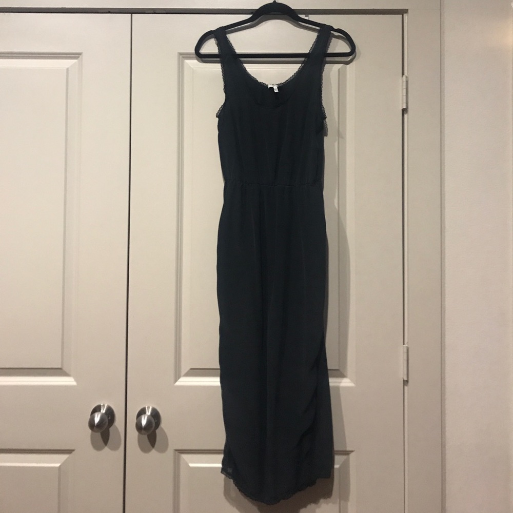 Joie 100% Silk Tea-Length Blk Dress w/ Lace Accent