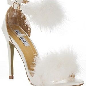 White Ankle Strap Fluffy Heels