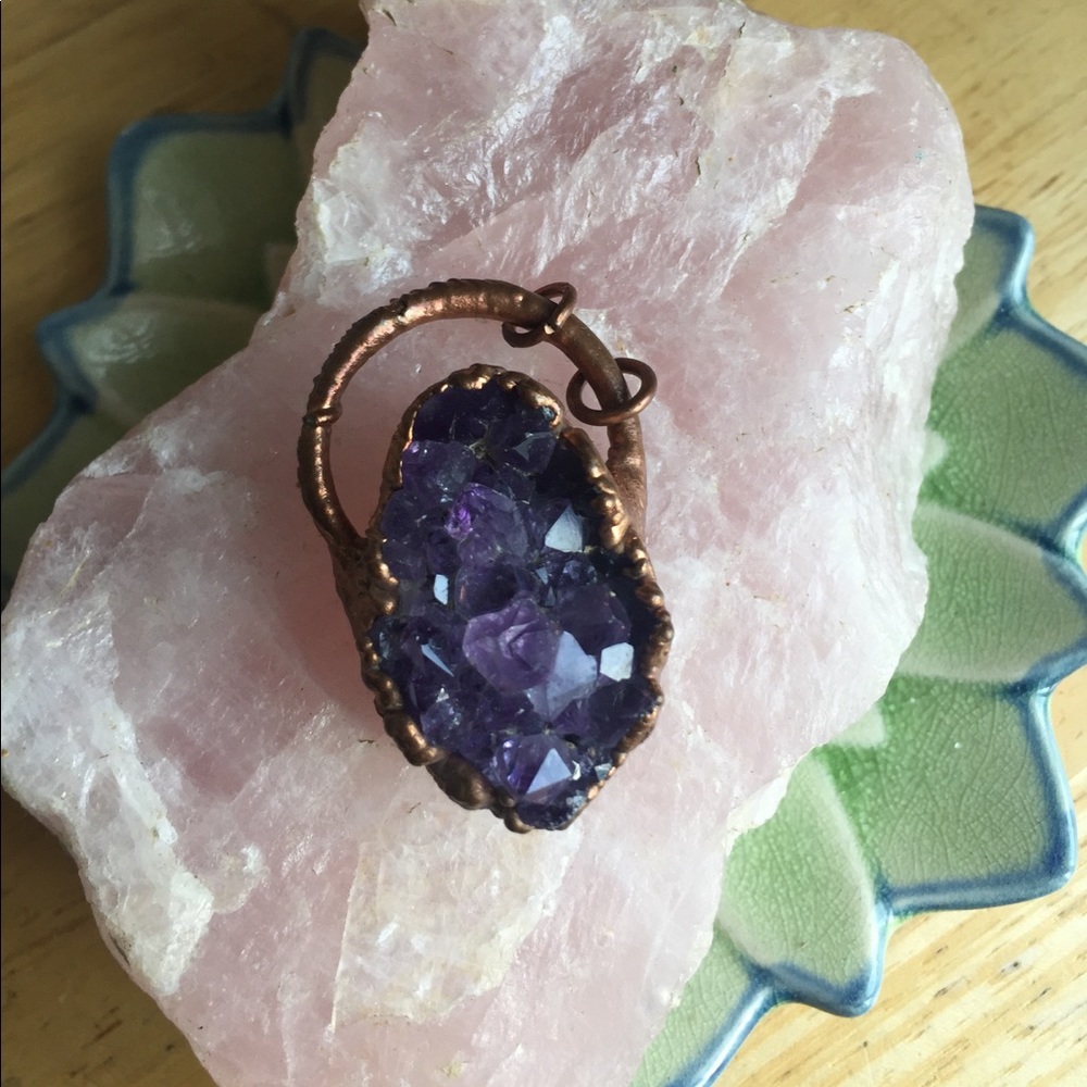 Amethyst crystal copper pendant