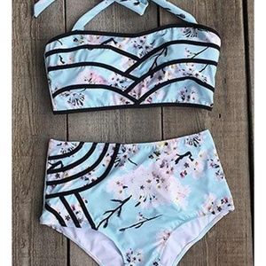 Floral Halter Bikini with Black Piping