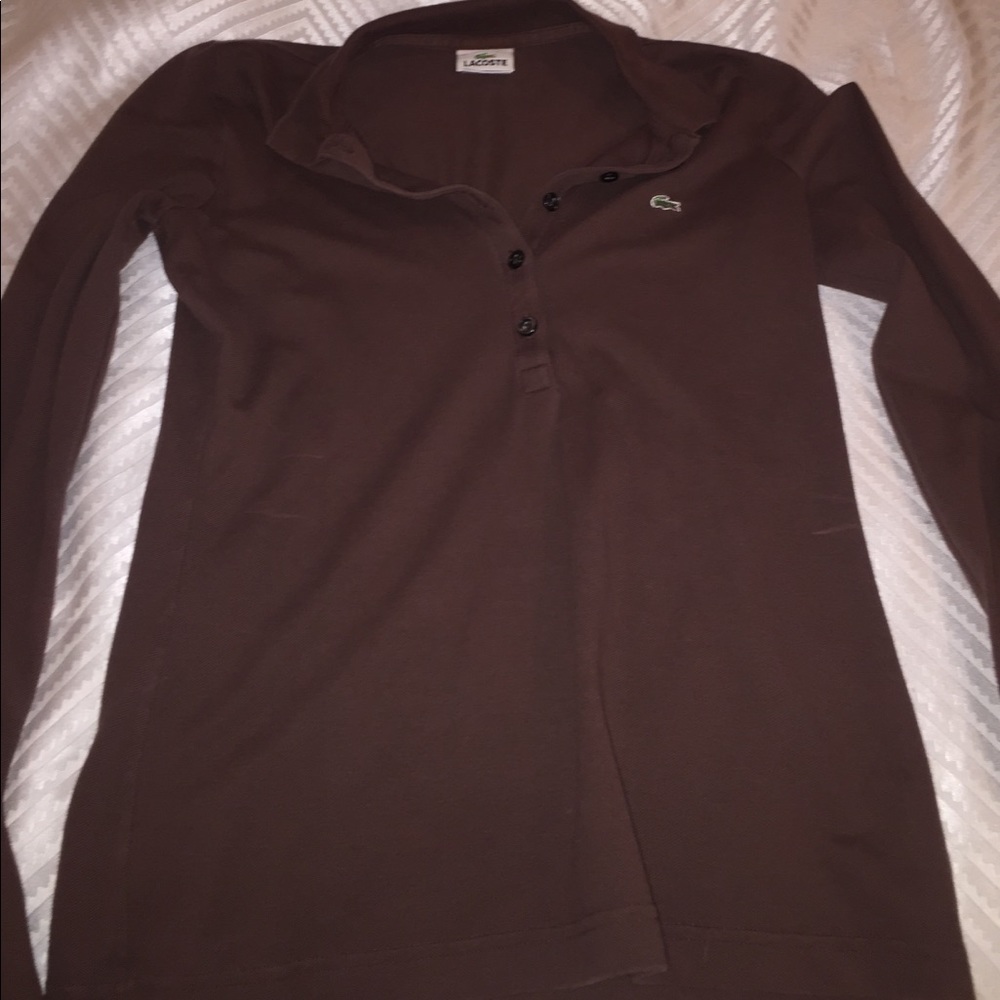 BROWN LONG SLEEVE , V-NECK LACOSTE SHIRT