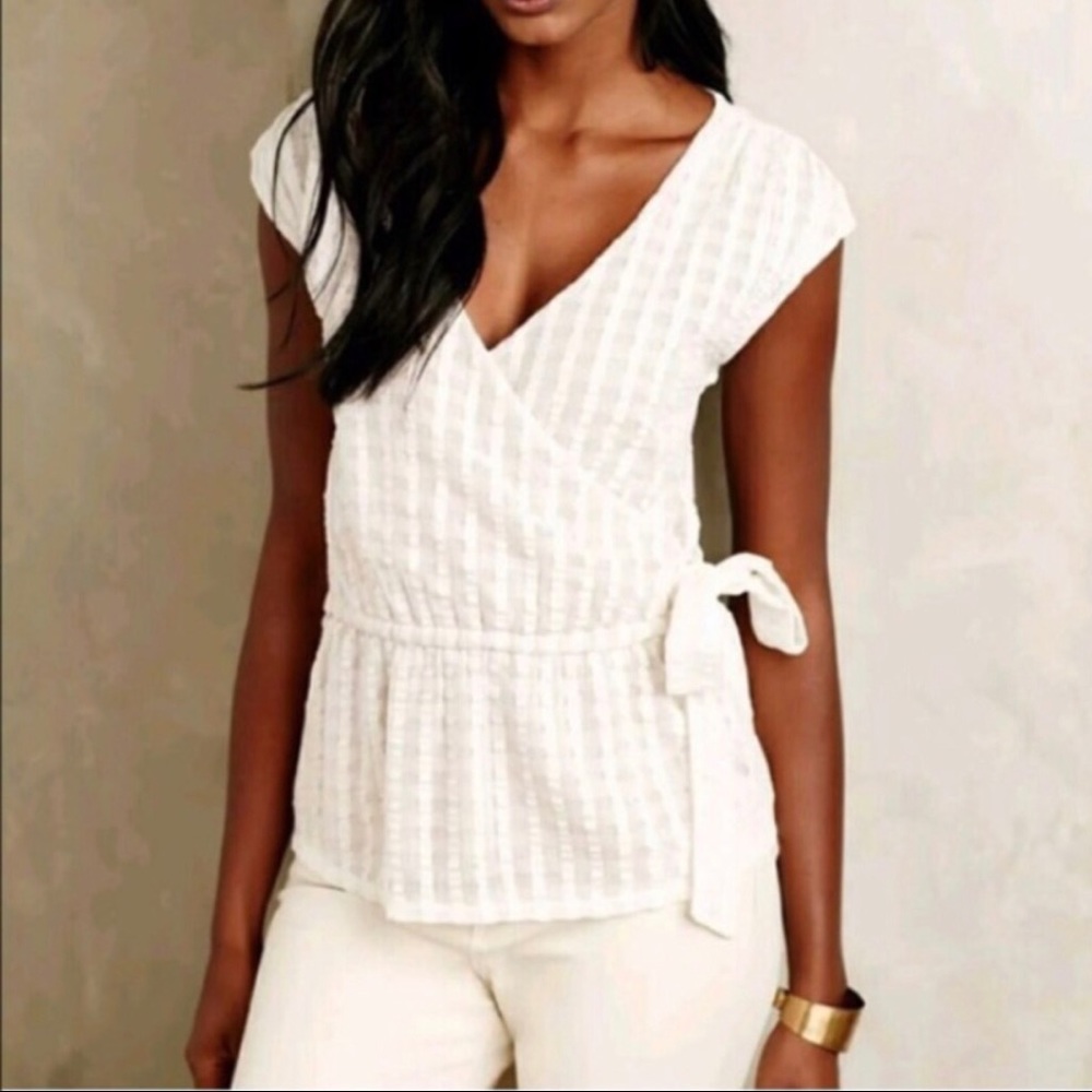 Anthro Deletta Faux Wrap Lace Peplum Top