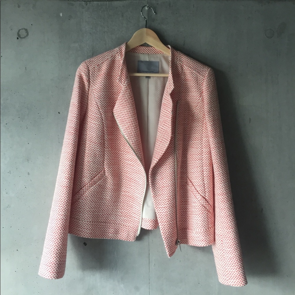 Asymmetrical red and white patterned jacket