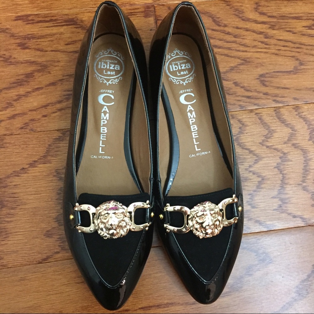 Jeffrey Campbell Black Flats with Gold Lion Head