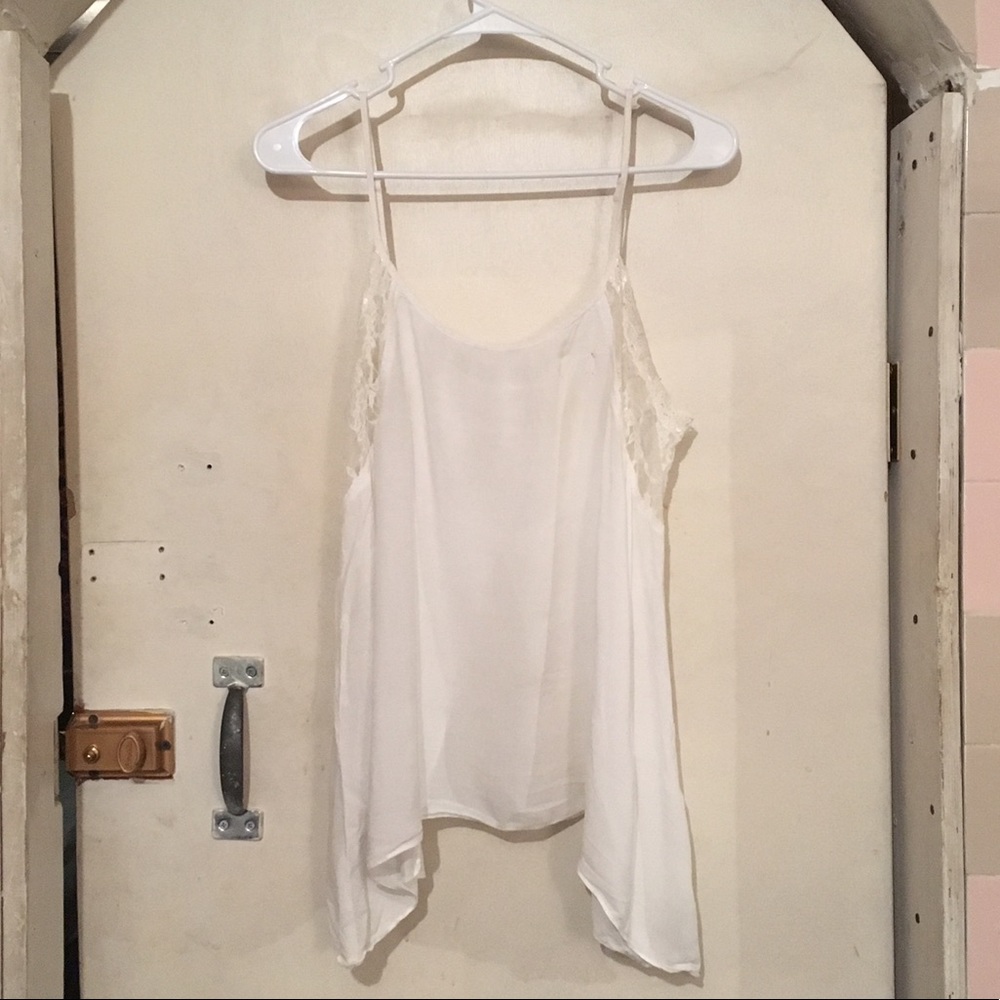 White spaghetti strap tank with lace and open back