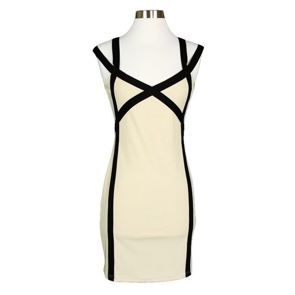 ⚡️⚡️Beige Black Colorblock Strappy Bodycon Dress - Picture 5 of 7