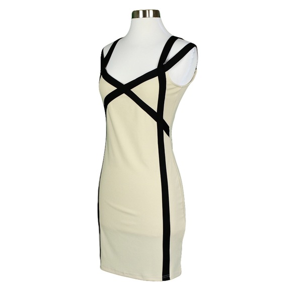⚡️⚡️Beige Black Colorblock Strappy Bodycon Dress - Picture 6 of 7