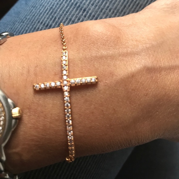 Jewelry - Sterling Silver Rose Gold Plated Cross Bracelet Cz