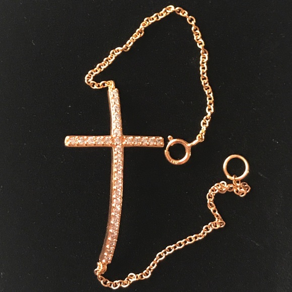 Sterling Silver Rose Gold Plated Cross Bracelet Cz - Picture 2 of 3