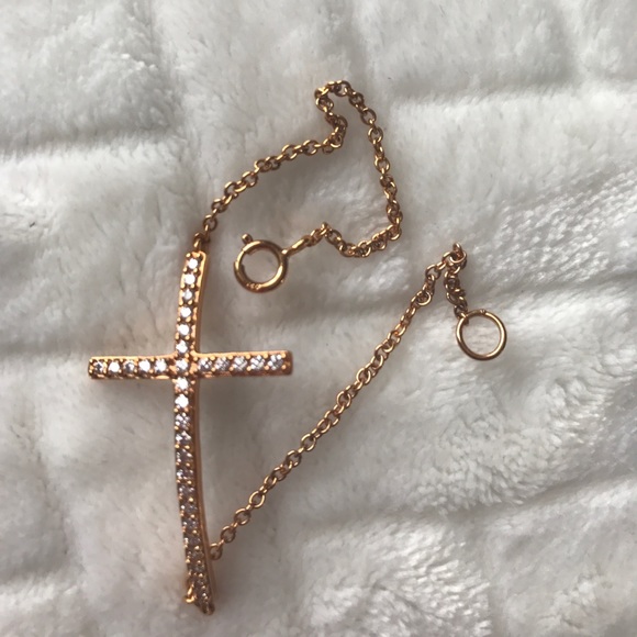Sterling Silver Rose Gold Plated Cross Bracelet Cz - Picture 3 of 3