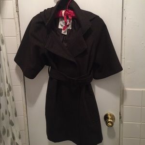 Brown houndstooth wool cape jacket with hood.