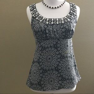 Navy Sleeveless Top with Beaded Neckline