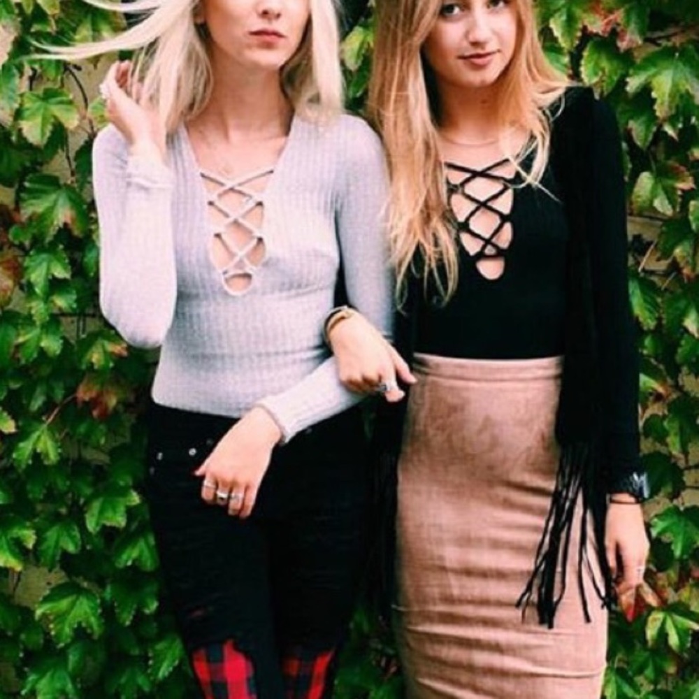 Grey Ribbed Lace-up Bodysuit