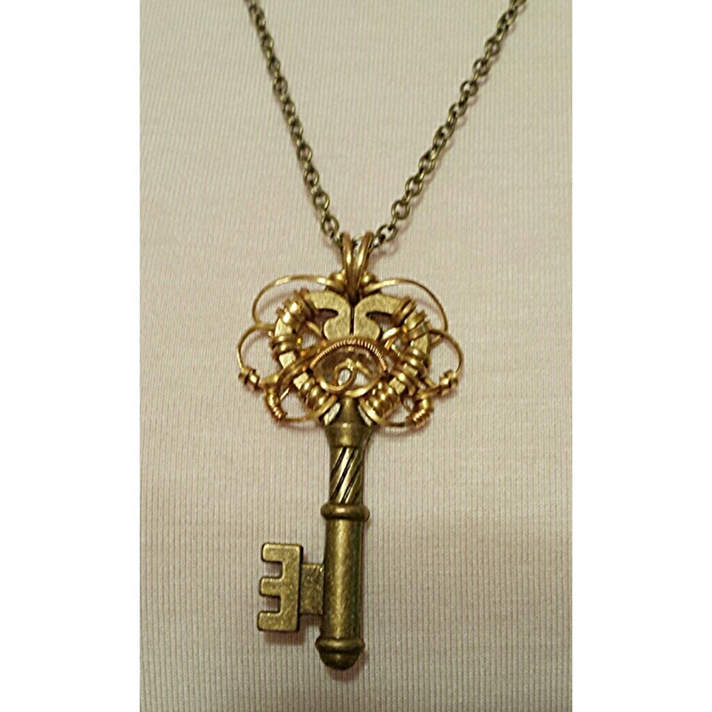 Handmade Brass Key Pendant with Diamond Quartz NIB