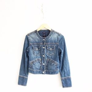 gap collarless denim jacket