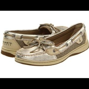 Metallic gold women's Sperry shoes.