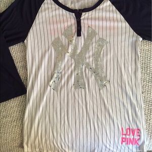 VS PINK PINSTRIPE SEQUIN YANKEE BASEBALL TEE