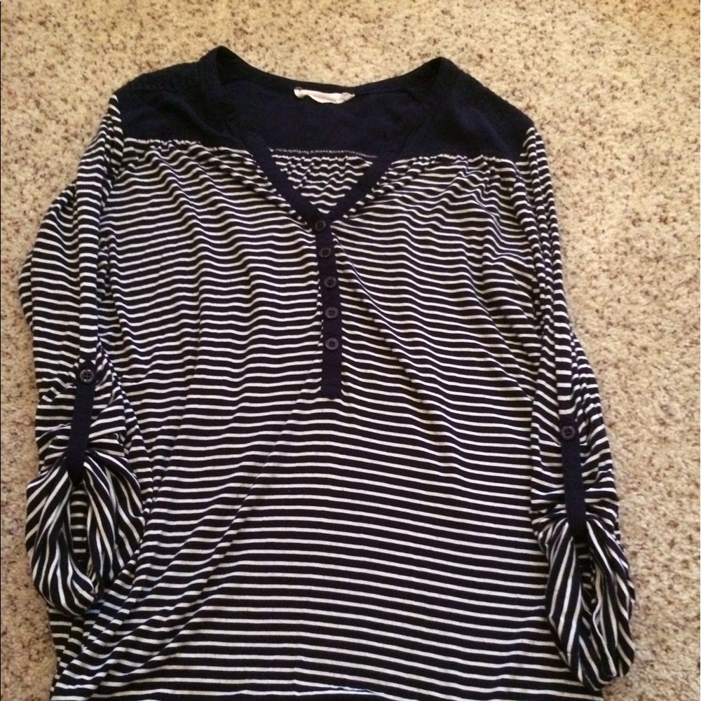 Navy and white striped roll tab blouse