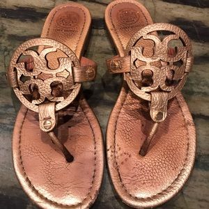 Tory Burch Miller Logo Sandals, Gold, Size 9