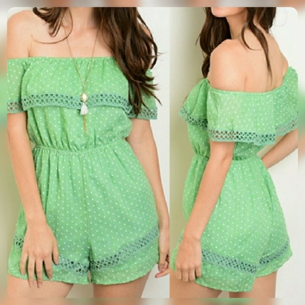 Green Embroidered Off the Shoulder Romper